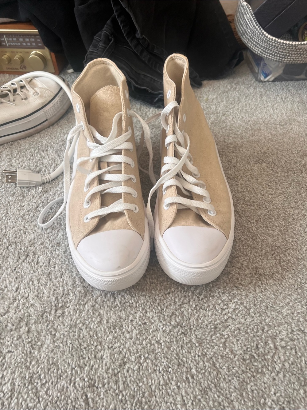 High-Top Canvas Sneakers in Beige with White Accents